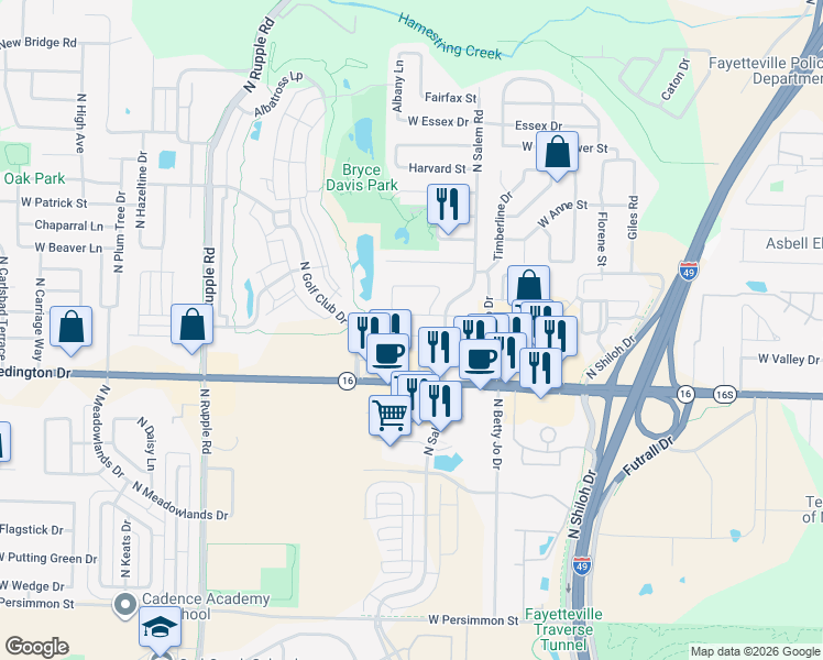 map of restaurants, bars, coffee shops, grocery stores, and more near 3476 West Chevaux Drive in Fayetteville