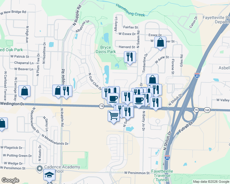 map of restaurants, bars, coffee shops, grocery stores, and more near 3533 West Chevaux Drive in Fayetteville