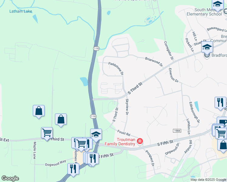map of restaurants, bars, coffee shops, grocery stores, and more near 2300 Quaker Creek Drive in Mebane