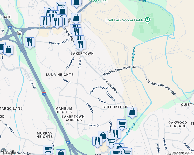 map of restaurants, bars, coffee shops, grocery stores, and more near 117 Cherokee Court in Nashville