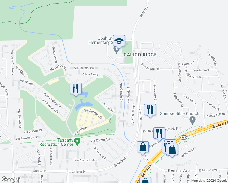 map of restaurants, bars, coffee shops, grocery stores, and more near 1068 Via Corto Street in Henderson