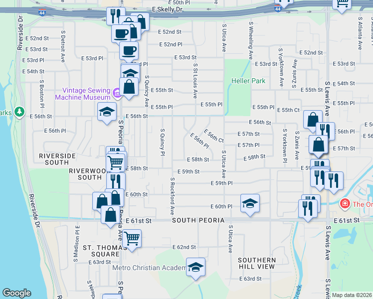 map of restaurants, bars, coffee shops, grocery stores, and more near 5711 South Rockford Place in Tulsa