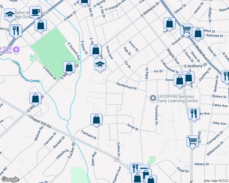 map of restaurants, bars, coffee shops, grocery stores, and more near 716 Center Avenue in Burlington