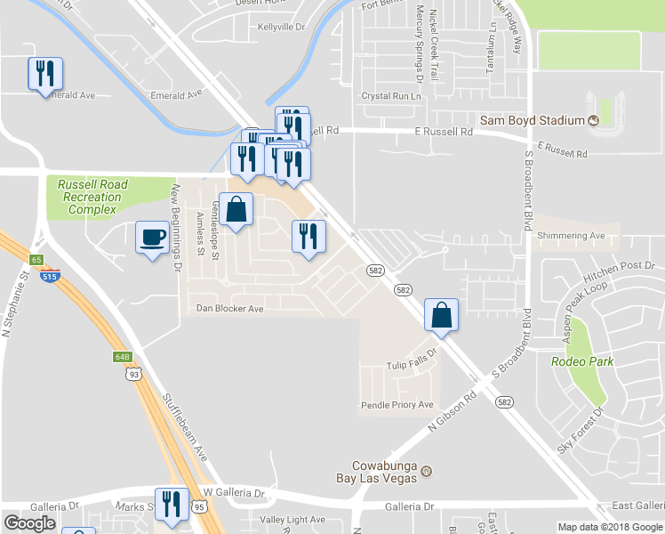 map of restaurants, bars, coffee shops, grocery stores, and more near 6024 Mustang Breeze Trail in Henderson
