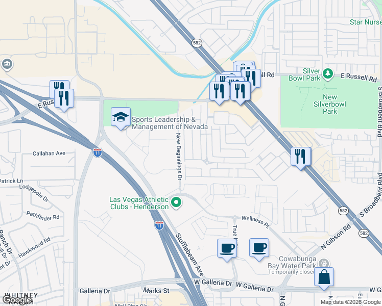 map of restaurants, bars, coffee shops, grocery stores, and more near 6233 Overhang Avenue in Henderson