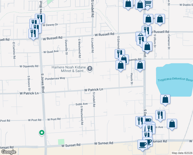 map of restaurants, bars, coffee shops, grocery stores, and more near 5600 West Patrick Lane in Las Vegas