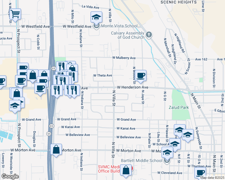 map of restaurants, bars, coffee shops, grocery stores, and more near 631 Dexter Avenue in Porterville