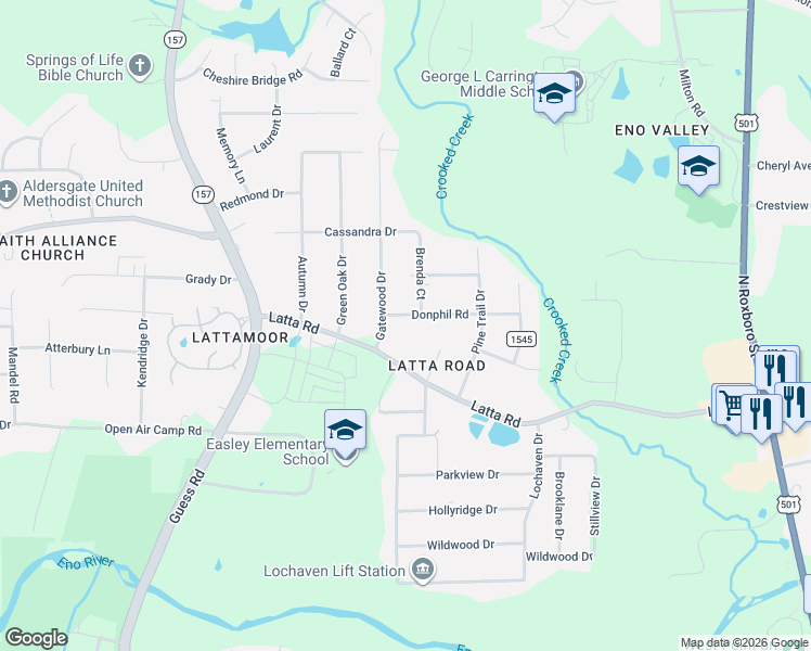 map of restaurants, bars, coffee shops, grocery stores, and more near 512 Latta Road in Durham