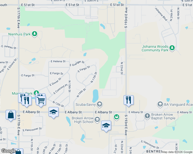 map of restaurants, bars, coffee shops, grocery stores, and more near 2651 North 17th Street in Broken Arrow