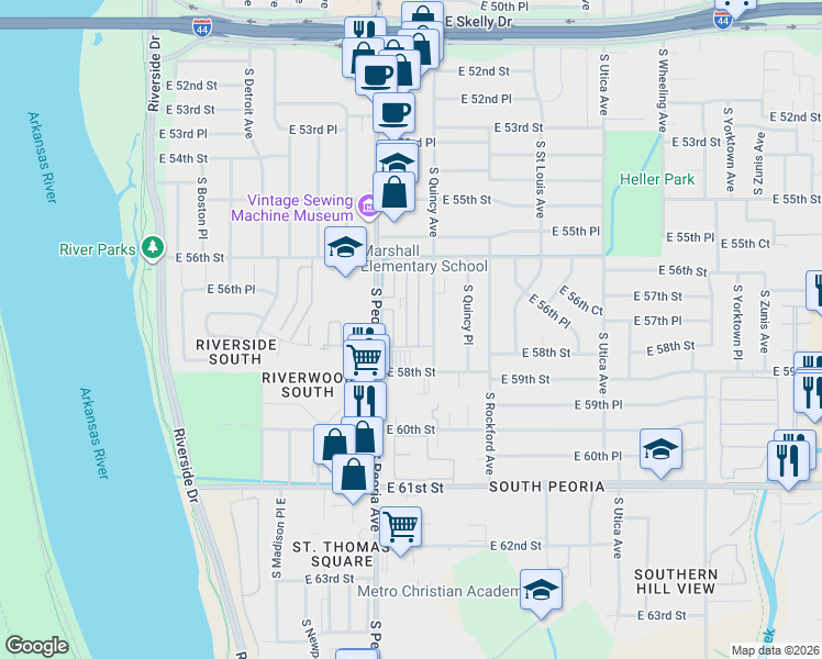 map of restaurants, bars, coffee shops, grocery stores, and more near 6252 South Quaker Avenue in Tulsa
