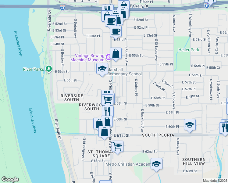 map of restaurants, bars, coffee shops, grocery stores, and more near 1211 East 57th Place in Tulsa