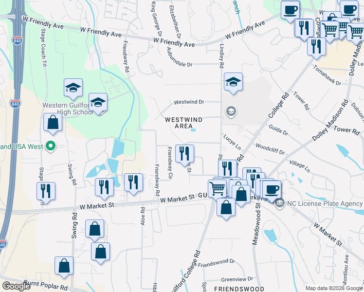 map of restaurants, bars, coffee shops, grocery stores, and more near 209 Overman Street in Greensboro