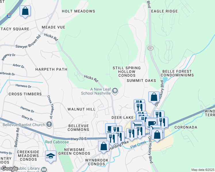 map of restaurants, bars, coffee shops, grocery stores, and more near 406 Hicks Road in Nashville