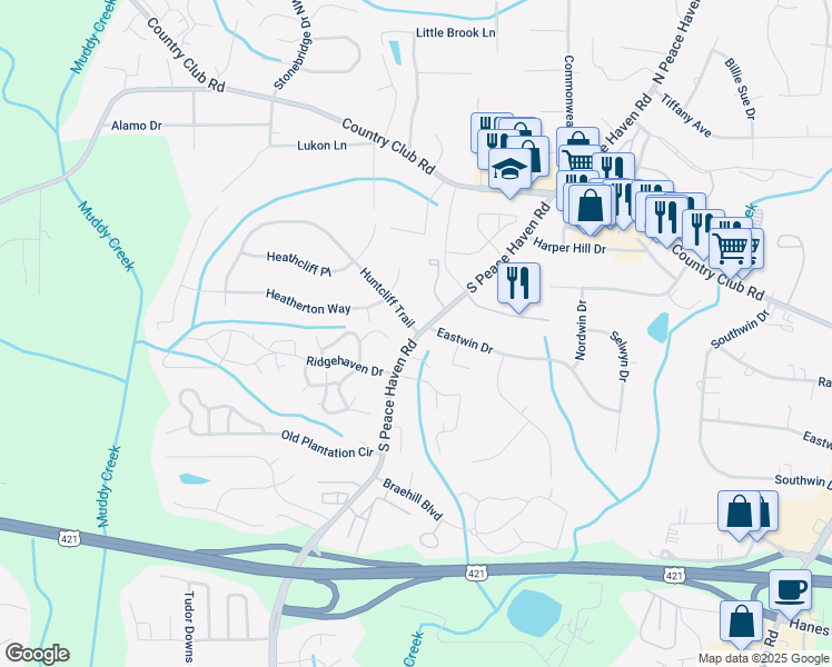 map of restaurants, bars, coffee shops, grocery stores, and more near 206 South Peace Haven Road in Winston-Salem