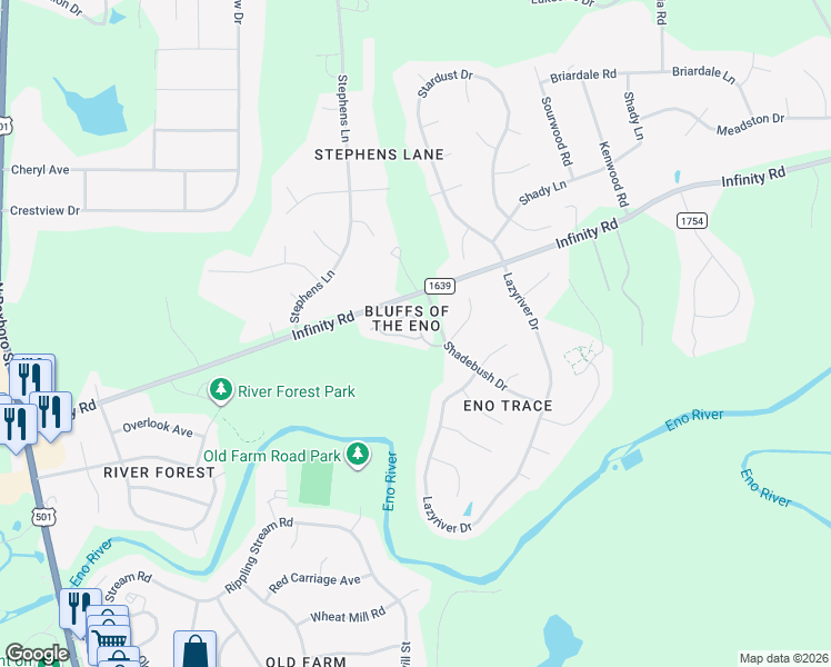 map of restaurants, bars, coffee shops, grocery stores, and more near 4307 White Cliff Lane in Durham
