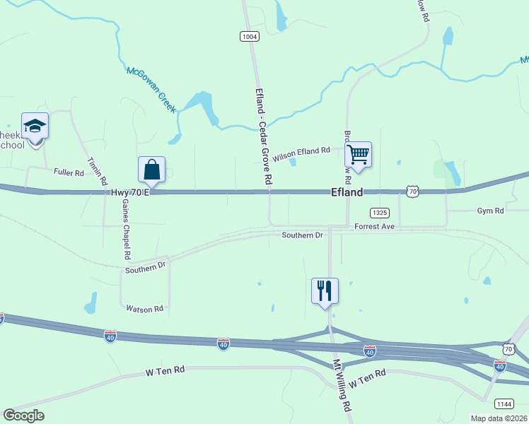 map of restaurants, bars, coffee shops, grocery stores, and more near 3705 Forrest Avenue in Efland
