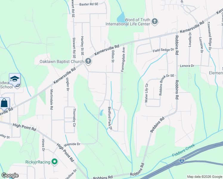 map of restaurants, bars, coffee shops, grocery stores, and more near 3625 Bedford Park Court in Winston-Salem