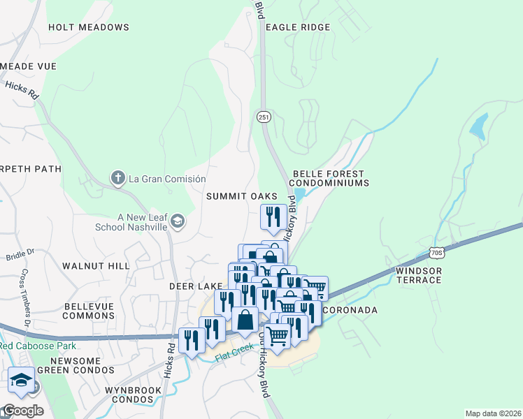 map of restaurants, bars, coffee shops, grocery stores, and more near 308 Pinnacle Place in Nashville
