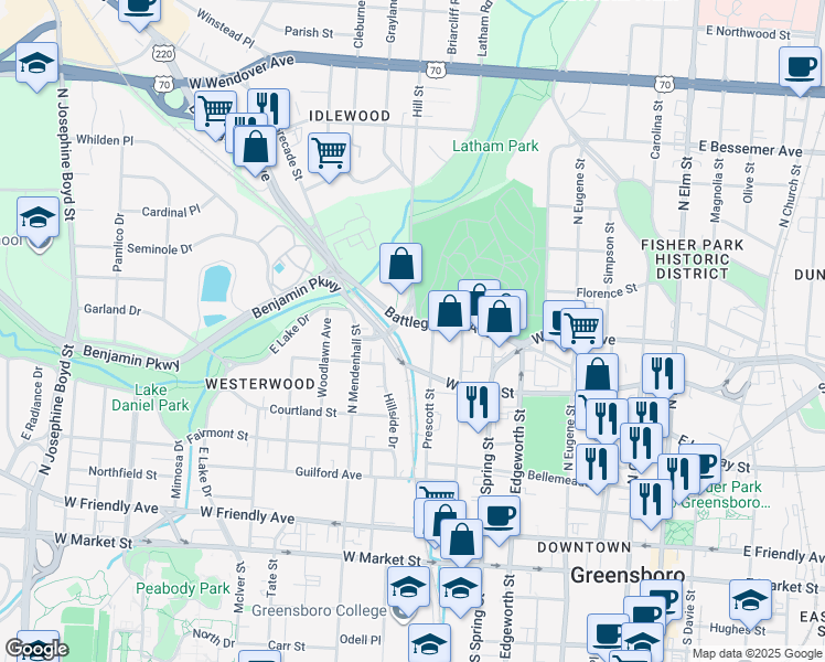 map of restaurants, bars, coffee shops, grocery stores, and more near 1007 Battleground Avenue in Greensboro
