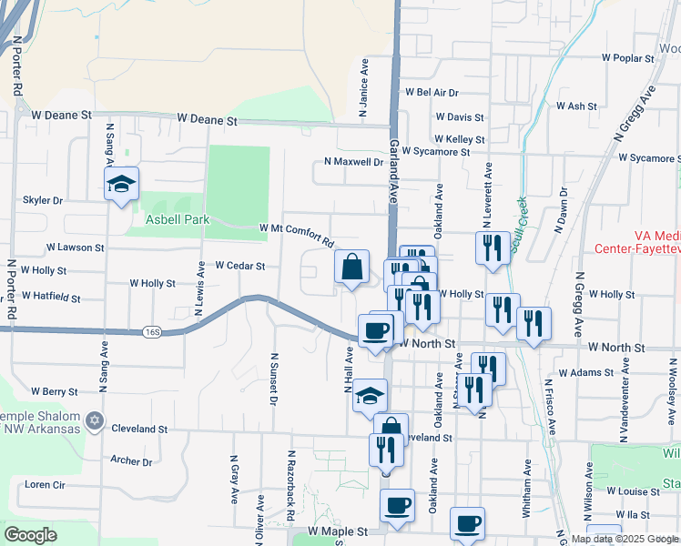 map of restaurants, bars, coffee shops, grocery stores, and more near 1211 West James Street in Fayetteville