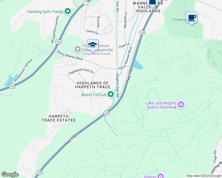map of restaurants, bars, coffee shops, grocery stores, and more near 21 Vaughns Gap Road in Nashville