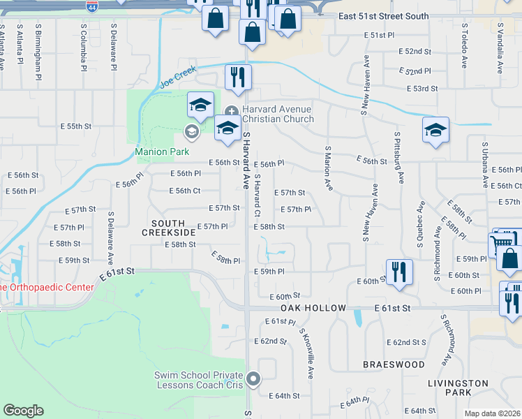map of restaurants, bars, coffee shops, grocery stores, and more near 5746 South Indianapolis Avenue in Tulsa