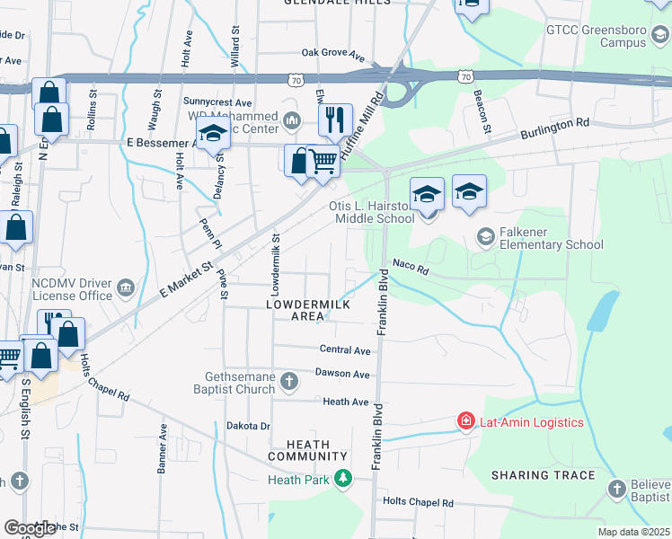 map of restaurants, bars, coffee shops, grocery stores, and more near 307 Guerrant Street in Greensboro