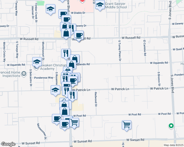 map of restaurants, bars, coffee shops, grocery stores, and more near Redwood Street in Las Vegas