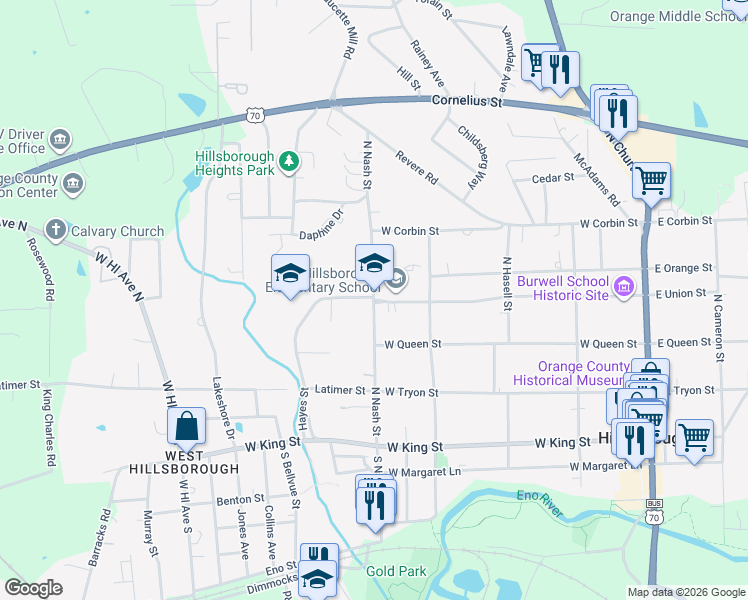 map of restaurants, bars, coffee shops, grocery stores, and more near 402 North Nash Street in Hillsborough
