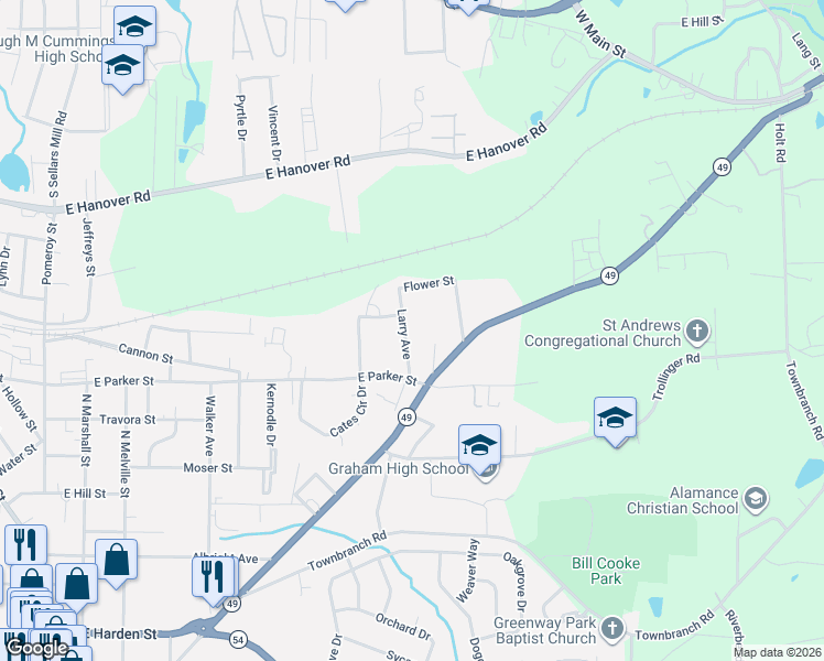 map of restaurants, bars, coffee shops, grocery stores, and more near 711 Larry Avenue in Graham
