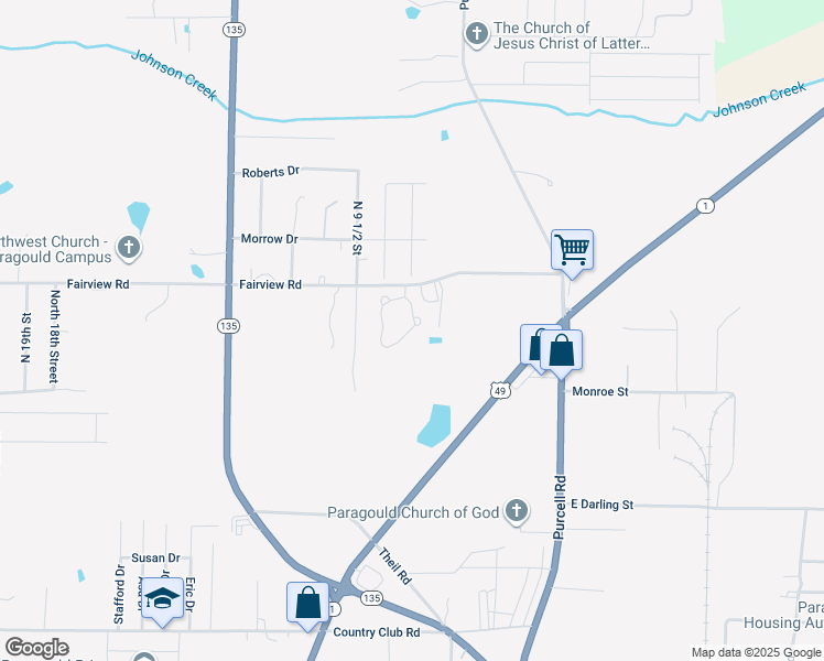 map of restaurants, bars, coffee shops, grocery stores, and more near 20 Ashcraft Court in Paragould