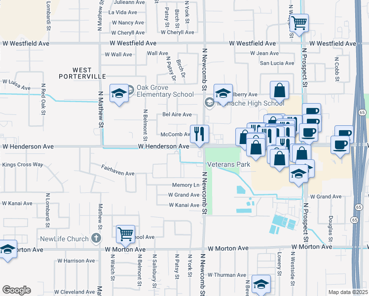 map of restaurants, bars, coffee shops, grocery stores, and more near 1711 West Henderson Avenue in Porterville
