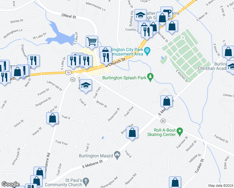 map of restaurants, bars, coffee shops, grocery stores, and more near 1700 Pinecrest Street in Burlington