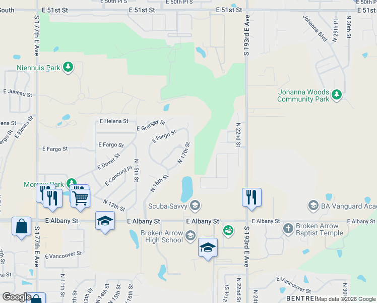 map of restaurants, bars, coffee shops, grocery stores, and more near 2651 North 17th Street in Broken Arrow