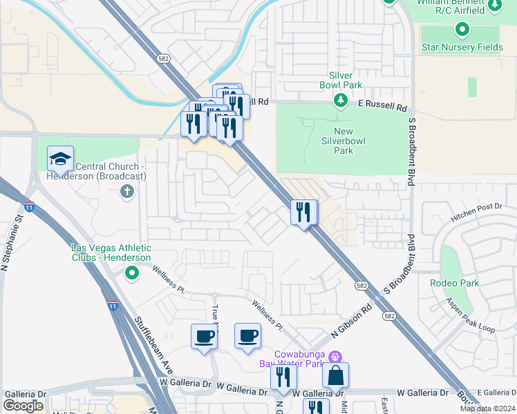 map of restaurants, bars, coffee shops, grocery stores, and more near 6570 Bucking Horse Lane in Henderson