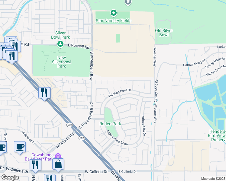 map of restaurants, bars, coffee shops, grocery stores, and more near 1073 Silver Bullet Court in Henderson