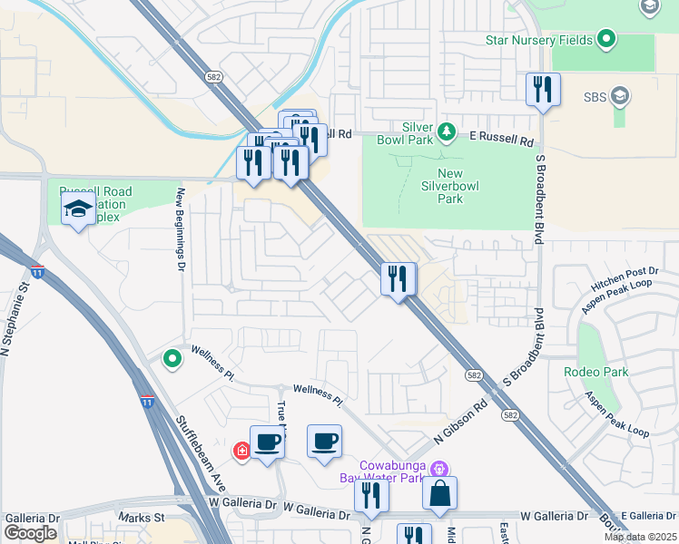 map of restaurants, bars, coffee shops, grocery stores, and more near 6570 Bucking Horse Lane in Henderson
