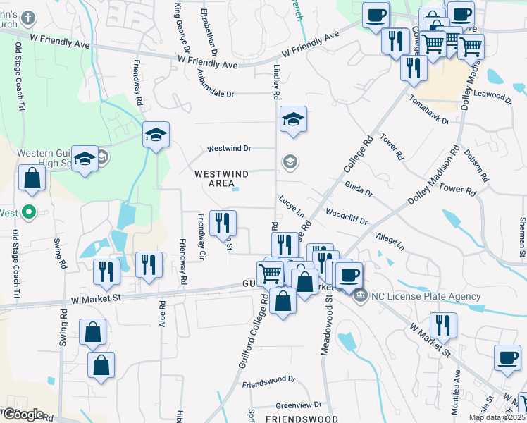 map of restaurants, bars, coffee shops, grocery stores, and more near 209 Lindley Road in Greensboro