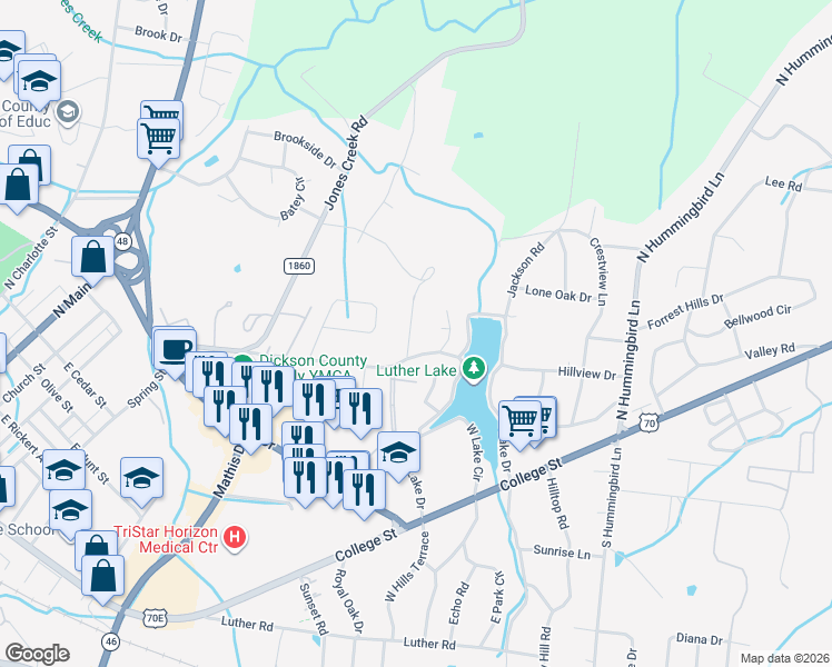 map of restaurants, bars, coffee shops, grocery stores, and more near 113 Dogwood Lane in Dickson