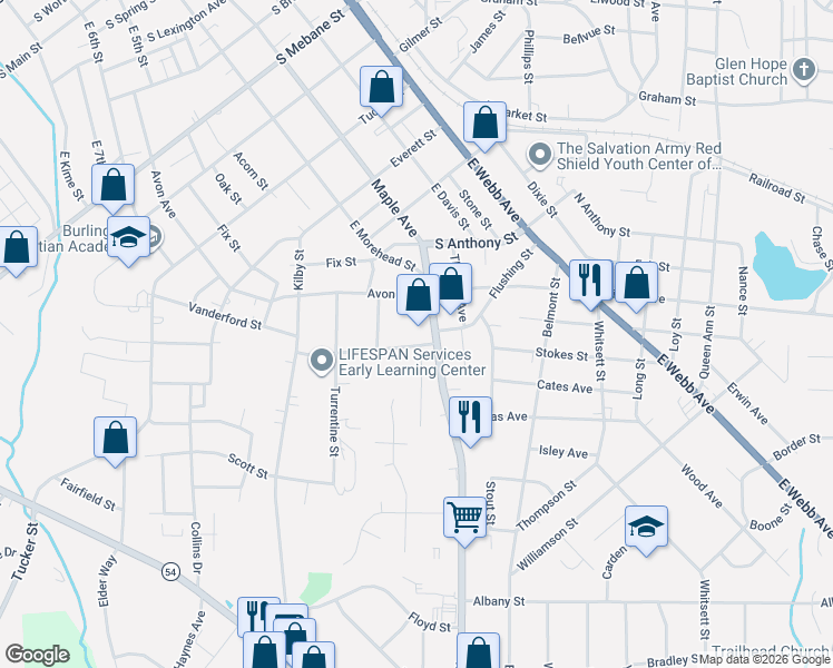 map of restaurants, bars, coffee shops, grocery stores, and more near 1215 Maple Avenue in Burlington