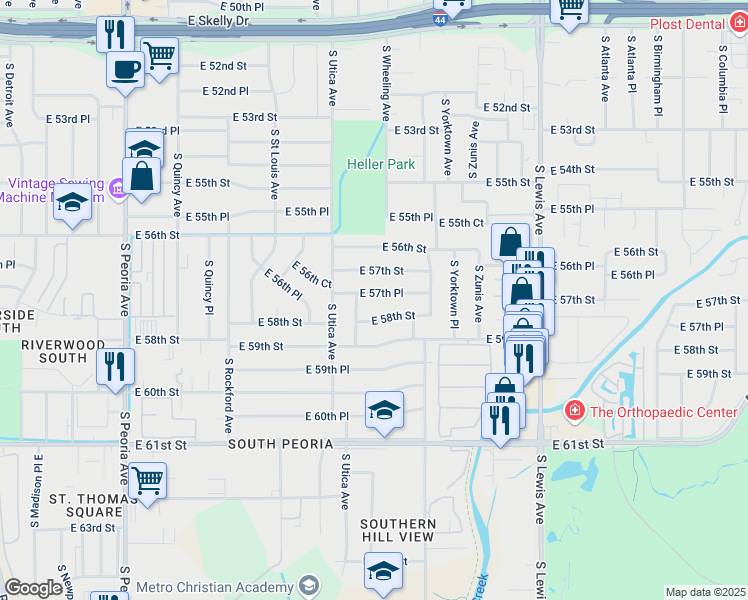 map of restaurants, bars, coffee shops, grocery stores, and more near 1820 East 57th Place in Tulsa