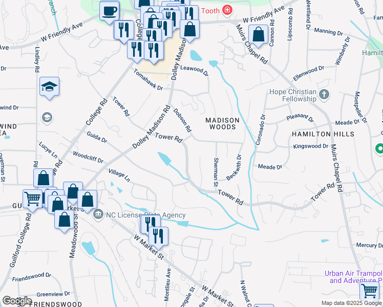 map of restaurants, bars, coffee shops, grocery stores, and more near 304 Falling Leaf Lane in Greensboro