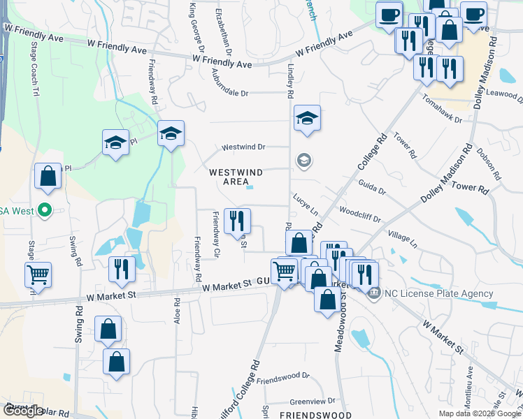 map of restaurants, bars, coffee shops, grocery stores, and more near 6110 Lindley Woods Drive in Greensboro