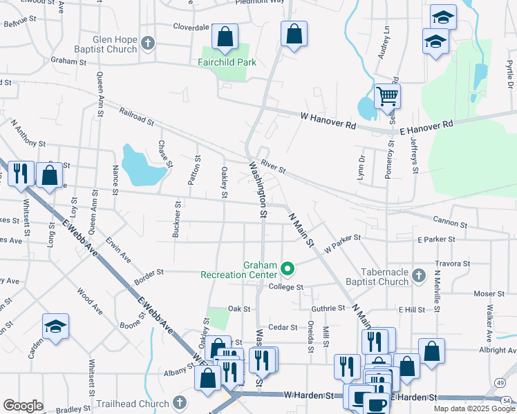 map of restaurants, bars, coffee shops, grocery stores, and more near 402 Providence Road in Graham