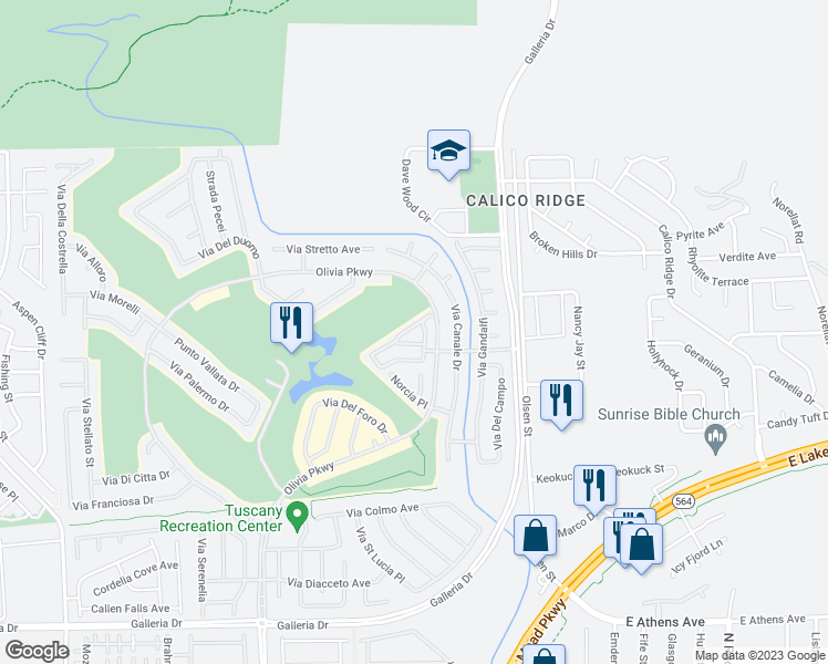 map of restaurants, bars, coffee shops, grocery stores, and more near 1052 Via Prato Lane in Henderson