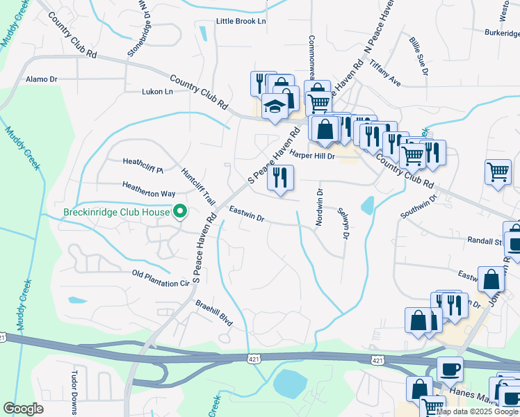 map of restaurants, bars, coffee shops, grocery stores, and more near 5039 Eastwin Drive in Winston-Salem