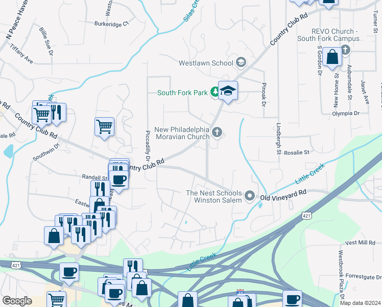 map of restaurants, bars, coffee shops, grocery stores, and more near 140 Country Club Road in Winston-Salem