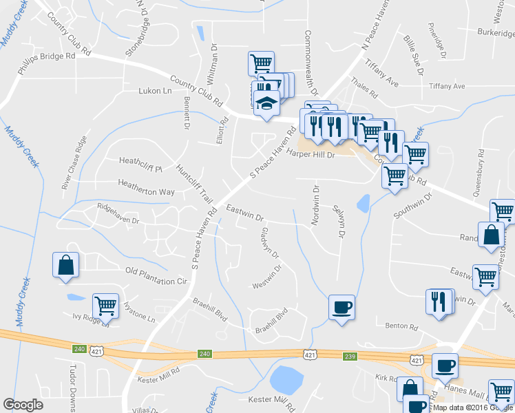 map of restaurants, bars, coffee shops, grocery stores, and more near 5039 Eastwin Drive in Winston-Salem