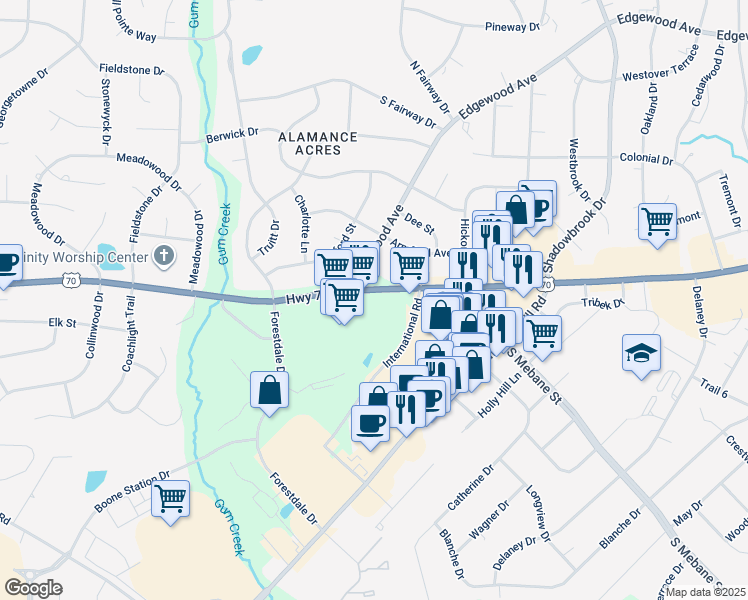 map of restaurants, bars, coffee shops, grocery stores, and more near 2950 South Church Street in Burlington