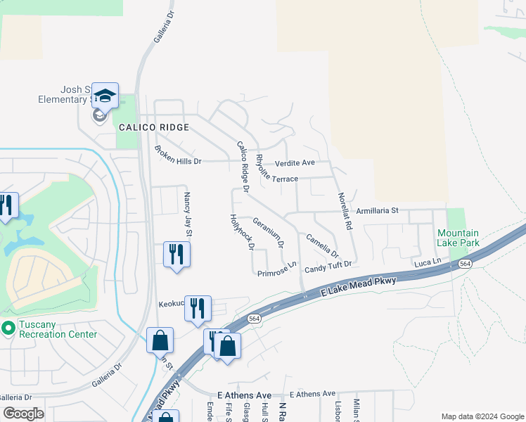 map of restaurants, bars, coffee shops, grocery stores, and more near 1060 Calico Ridge Drive in Henderson